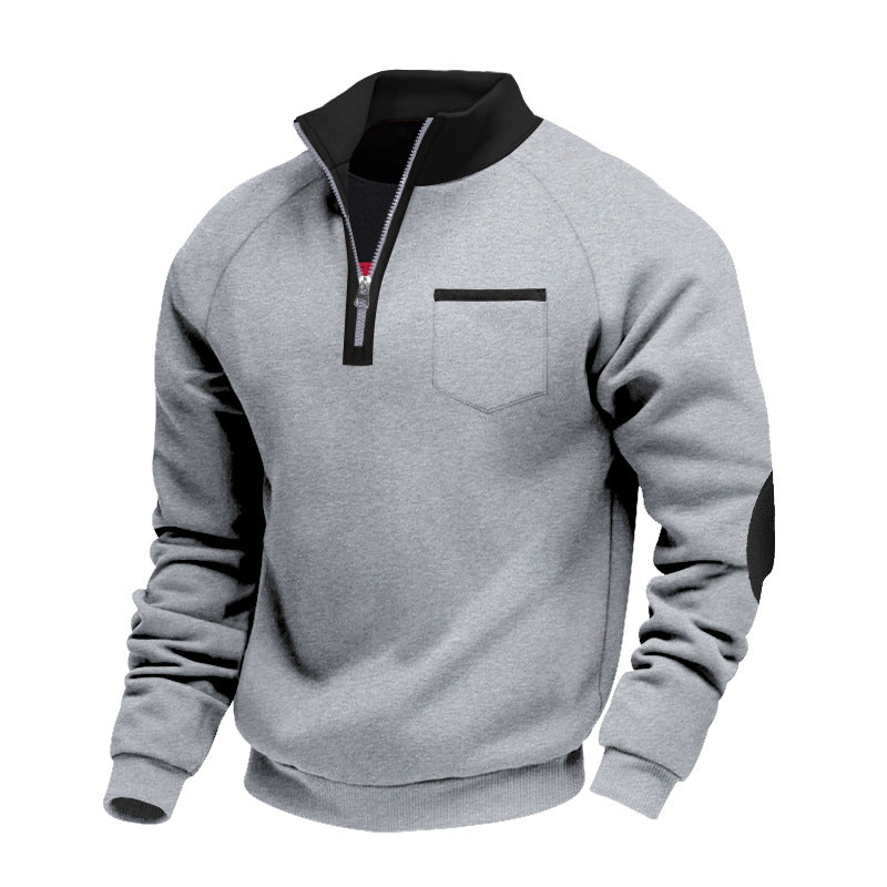 Herren Raglan-Halbzip-Sweatshirt mit Stehkragen, Brusttasche & Ellbogenapplikation – Marzano