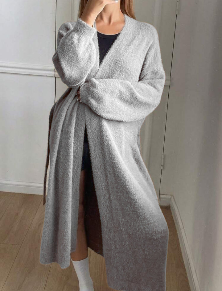 Damen Langer Wickel-Cardigan in Flausch-Optik mit Bindegürtel – Veloura