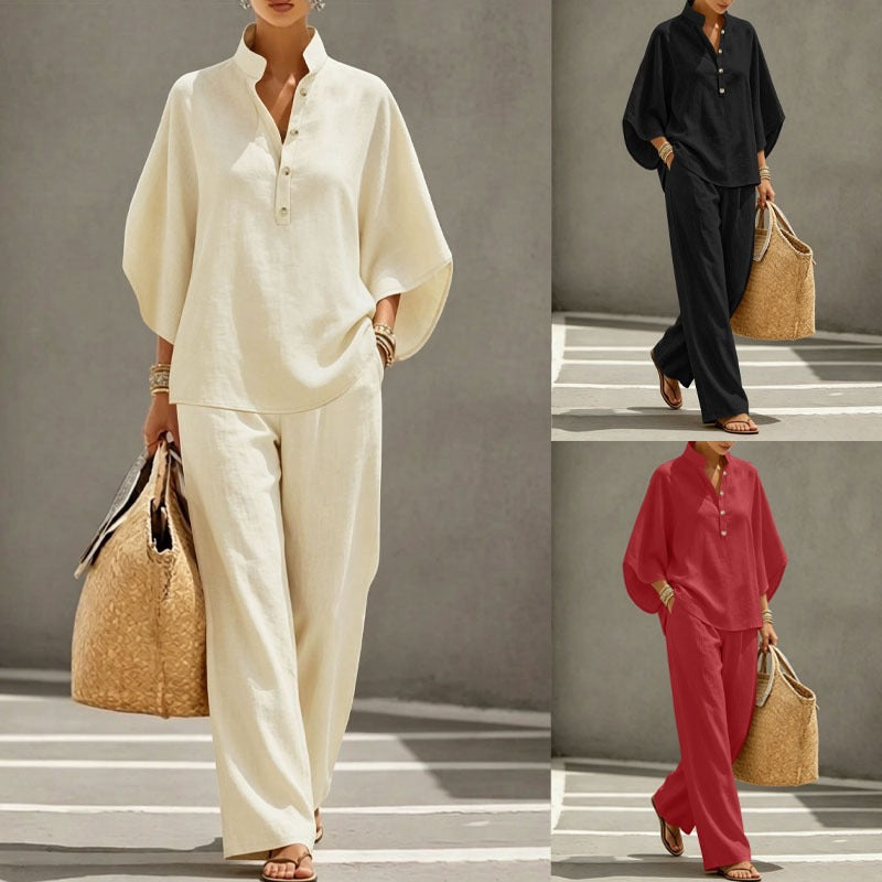 Damen Leichtes Jersey-Set mit Oversize-Henleybluse, Kimonoärmeln und weiter Bundhose – Élanora