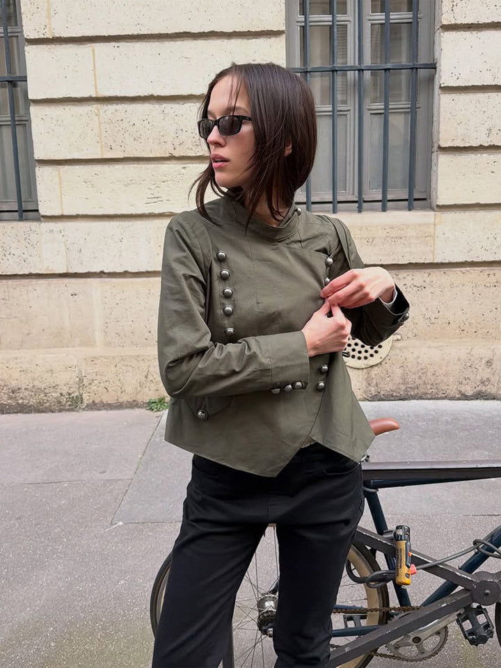 Damen Militärinspirierte Kurzjacke mit Stehkragen und Zierknopfleiste Echoarchiv