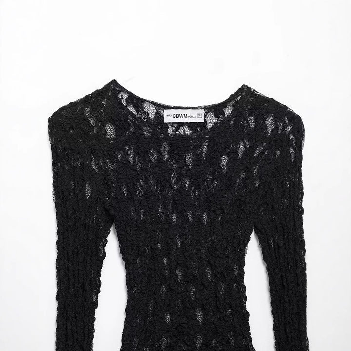 Damen semitransparentes Spitzenshirt langarm Slim-Fit mit Muschelkante – Élovi