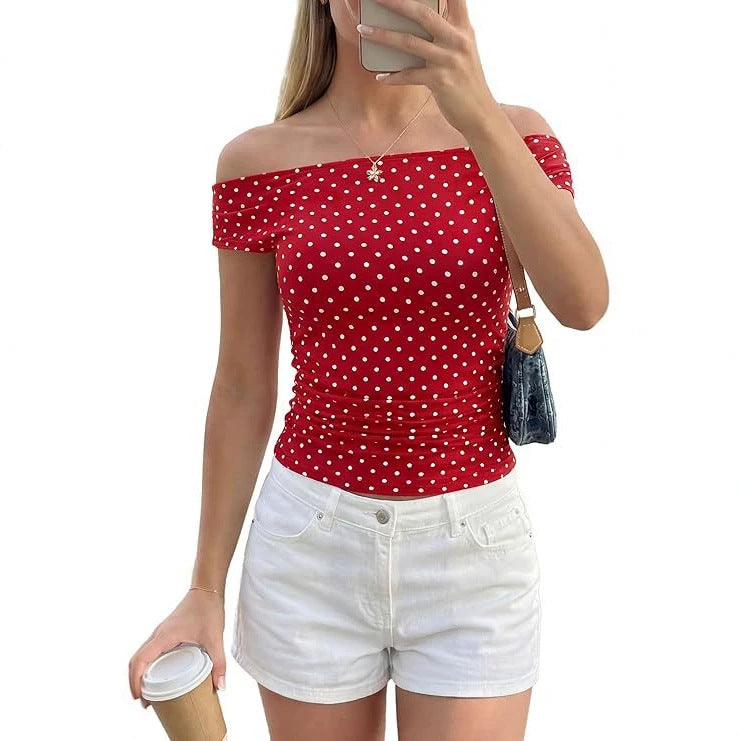Damen Schulterfreies tailliertes Polka‑Dot Top mit geraffter Seitennaht Echo Archiv