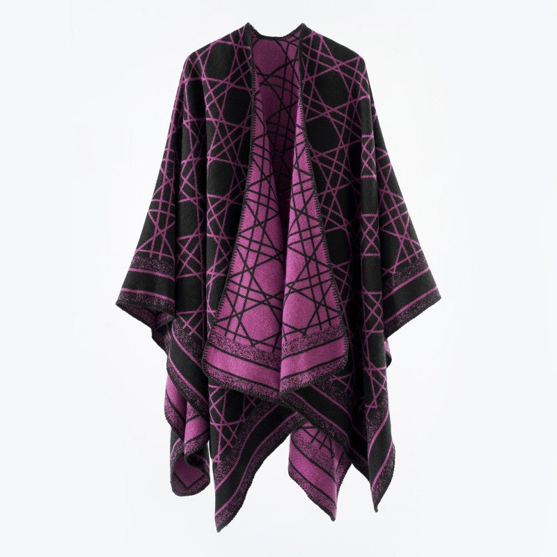 Damen Wendbarer Jacquard-Capeponcho mit geometrischem Allovermuster und offenem Kimono-Fall – Célinea