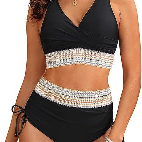 Damen Hochgeschnittener Bikini mit Eleganter Wickeloptik und Dekorativem Bund Echoarchiv