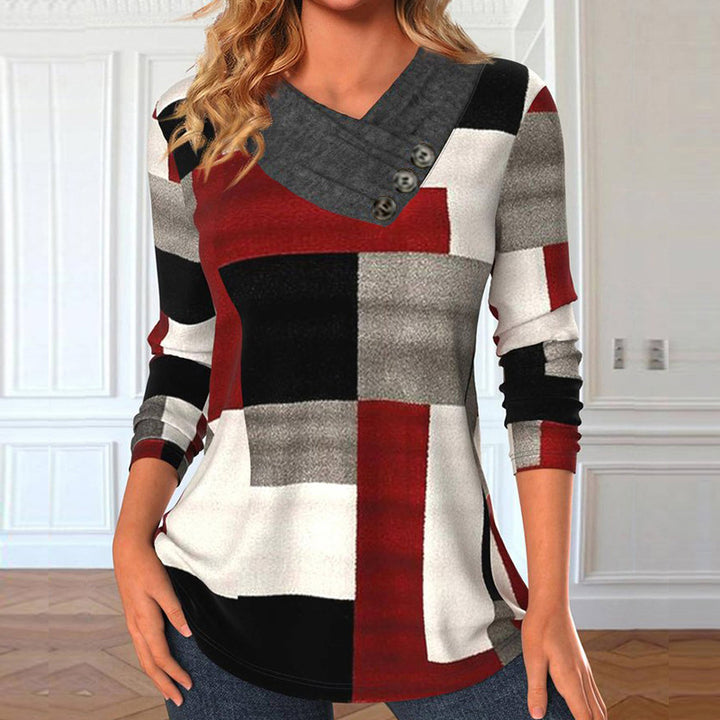 Damen Longsleeve-Tunika mit geometrischem Colorblock und asymmetrischem Knopf-V-Ausschnitt – Avérine
