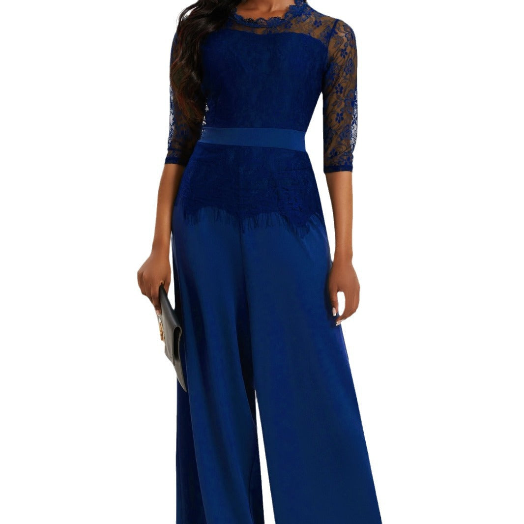 Eleganter Damen Jumpsuit mit Spitzenärmeln und Weitem Bein – Solévia