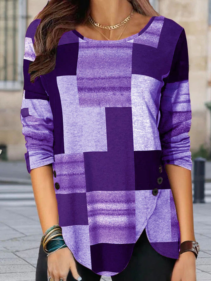Damen gemustertes Langarm-Tunika-Shirt mit asymmetrischem Saum und dekorativer Knopfleiste Echoarchiv