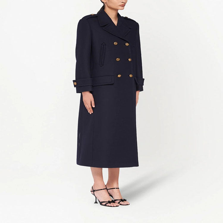 Damen Doppelreihiger militärinspirierter Maxi‑Wollmantel mit Epauletten und Zierriegeln Echoarchiv