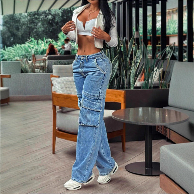 Damen lässige Cargo-Denim-Baggyhose mit extragroßen Klappentaschen und geradem Bein Echo Archiv