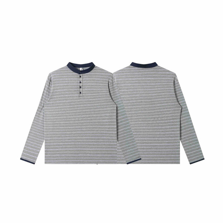 Herren Gestreiftes Langarm-Henleyshirt mit Stehkragen und feiner Ringelstruktur Echoarchiv