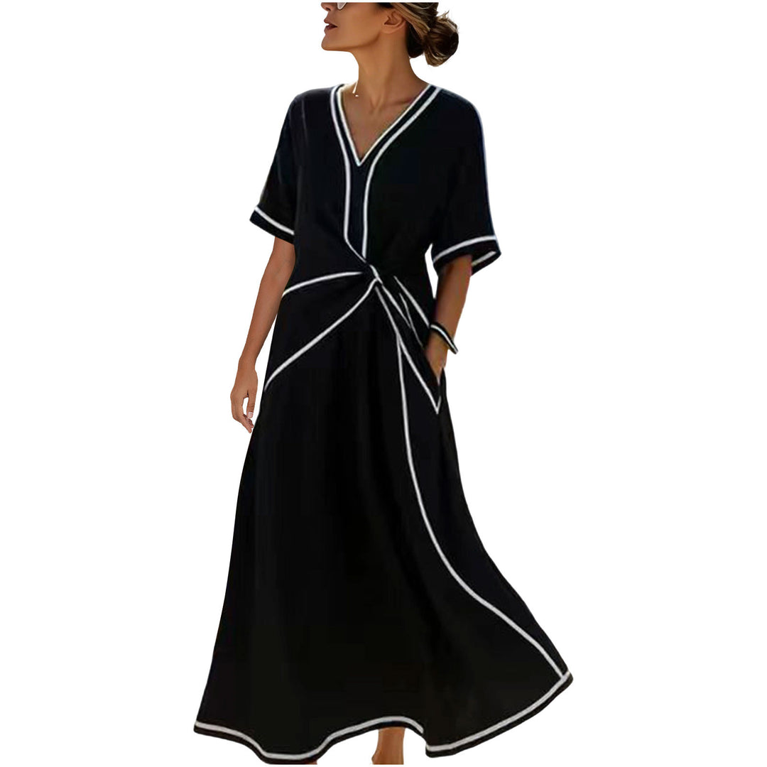 Damen Langes A-Linienkleid mit V‑Ausschnitt, Knoten-Detail und Kontrastpaspel – Élara