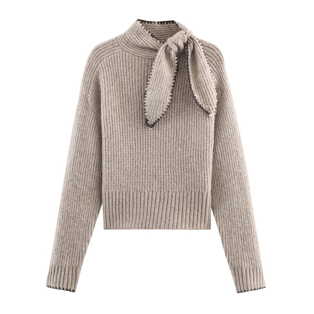 Damen Kurzgeschnittener Rippstrick-Pullover mit Hochkragen und integrierter Knoten-Schal Echoarchiv