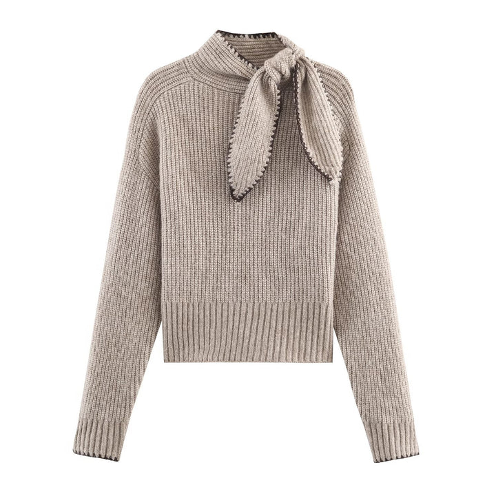 Damen Kurzgeschnittener Rippstrick-Pullover mit Hochkragen und integrierter Knoten-Schal Echoarchiv