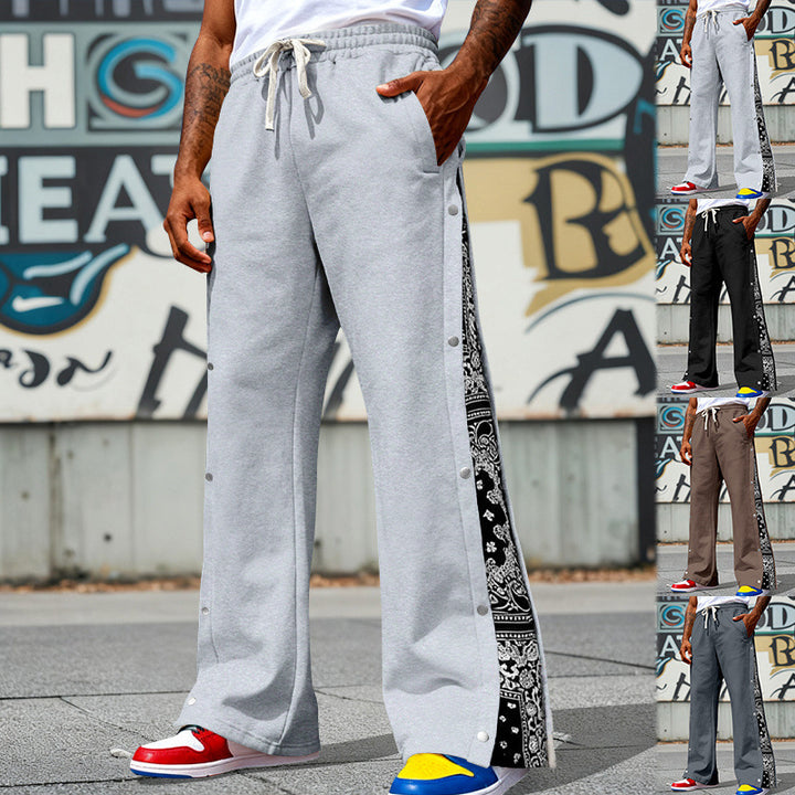 Herren Weite Snap-Trackhose mit Tunnelzug, seitlicher Bandana-Blende und Druckknopfleiste – Sorevano