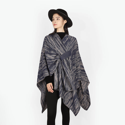 Damen Jacquard-Cape-Überwurf mit strukturierter Wellenoptik, Bindegürtel und asymmetrischem Zipfelsaum – Montévia