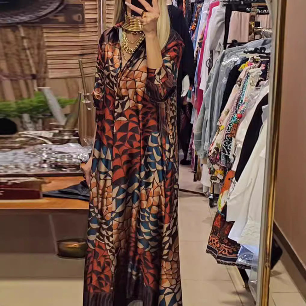 Damen nan fließendes Satin-Hemdkleid mit Hemdkragen, geometrischem Mosaikprint und legerer Maxilänge Echo Archiv