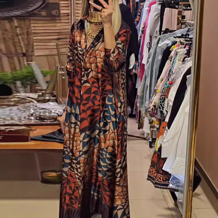 Damen nan fließendes Satin-Hemdkleid mit Hemdkragen, geometrischem Mosaikprint und legerer Maxilänge Echo Archiv