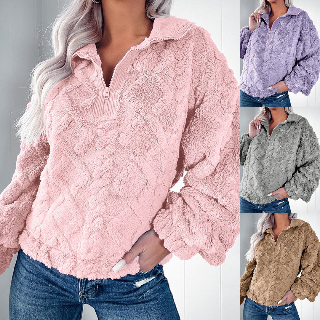 Damen nan Plüsch-Sherpa-Pullover mit halbem Reißverschluss, Stehkragen und oversized Silhouette Echo Archiv