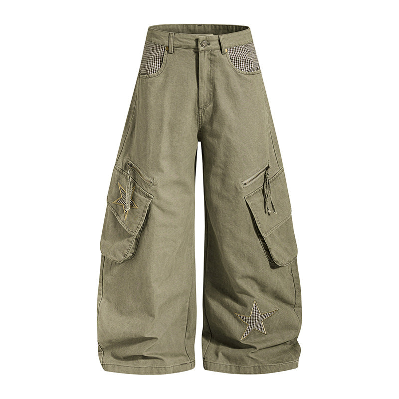 Damen weite Cargo-Culottehose mit Stern-Applikationen und Multi-Taschen Echoarchiv