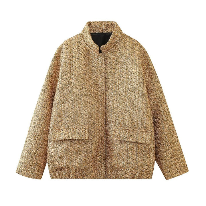 Damen kastige Tweedjacke mit kurzem Stehkragen, verdeckter Front und aufgesetzten Pattentaschen – Célinea