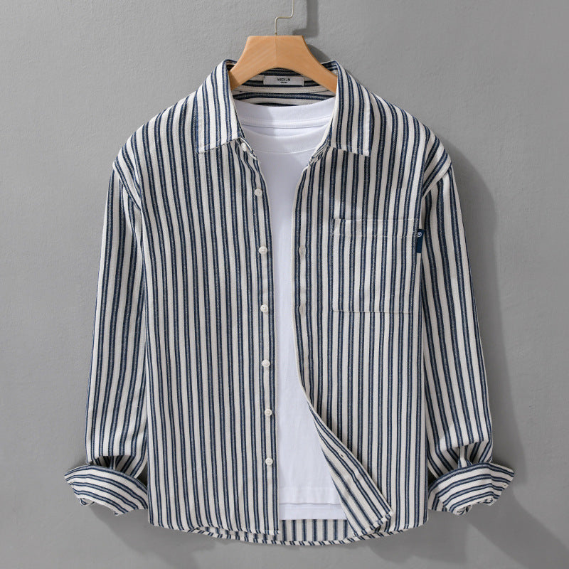 Herren Gestreiftes Baumwoll-Overshirt mit aufgesetzter Brusttasche und softem Crinkle-Finish Echoarchiv