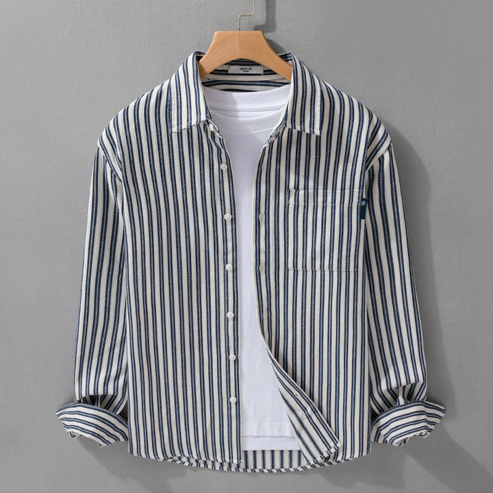 Herren Gestreiftes Baumwoll-Overshirt mit aufgesetzter Brusttasche und softem Crinkle-Finish Echoarchiv