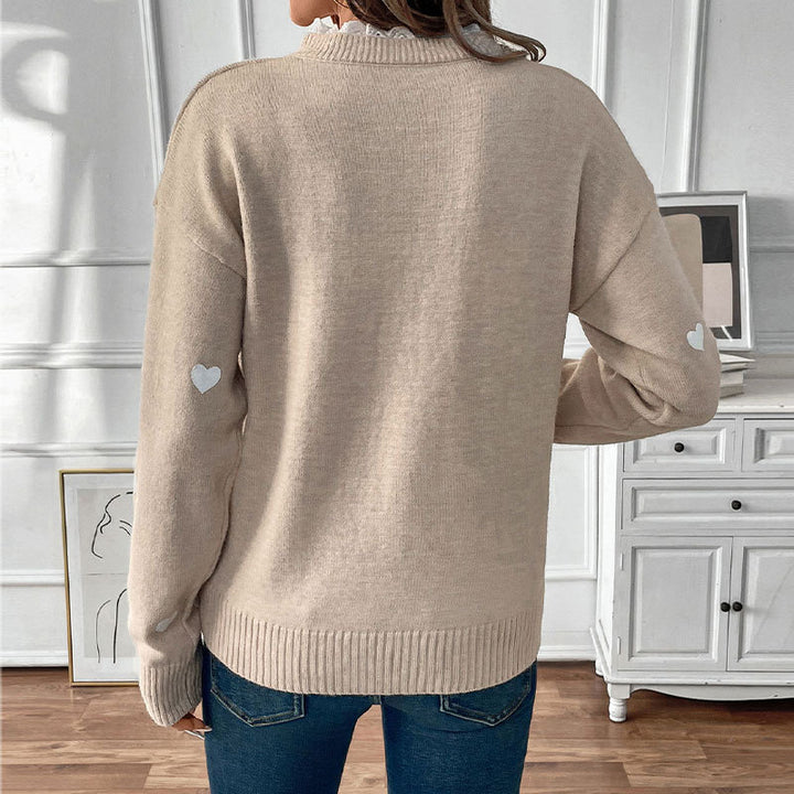 Damen V‑Ausschnitt Feinstrickpullover mit Herz‑Intarsien und gerippten Bündchen Echoarchiv