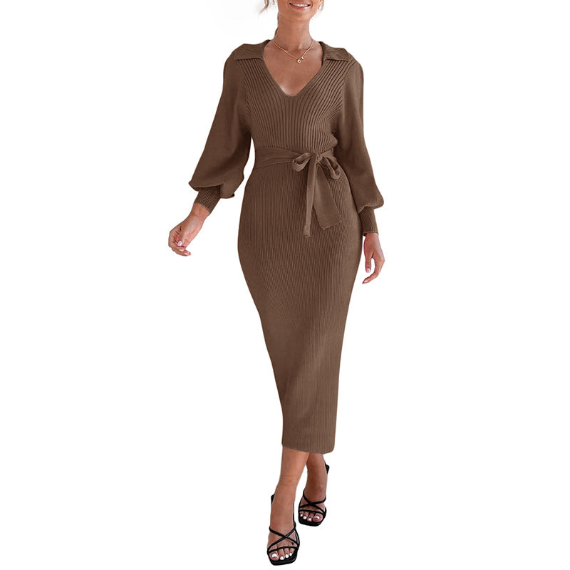 Damen Figurbetontes Rippstrick Midikleid mit V Ausschnitt Schalkragen Ballonärmeln und Bindegürtel Echoarchiv