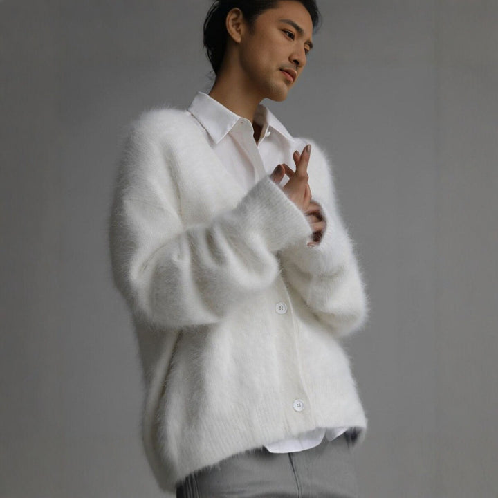 Damen Flauschige Mohair-Optik Strickjacke mit V-Ausschnitt und Oversize-Schnitt Echoarchiv
