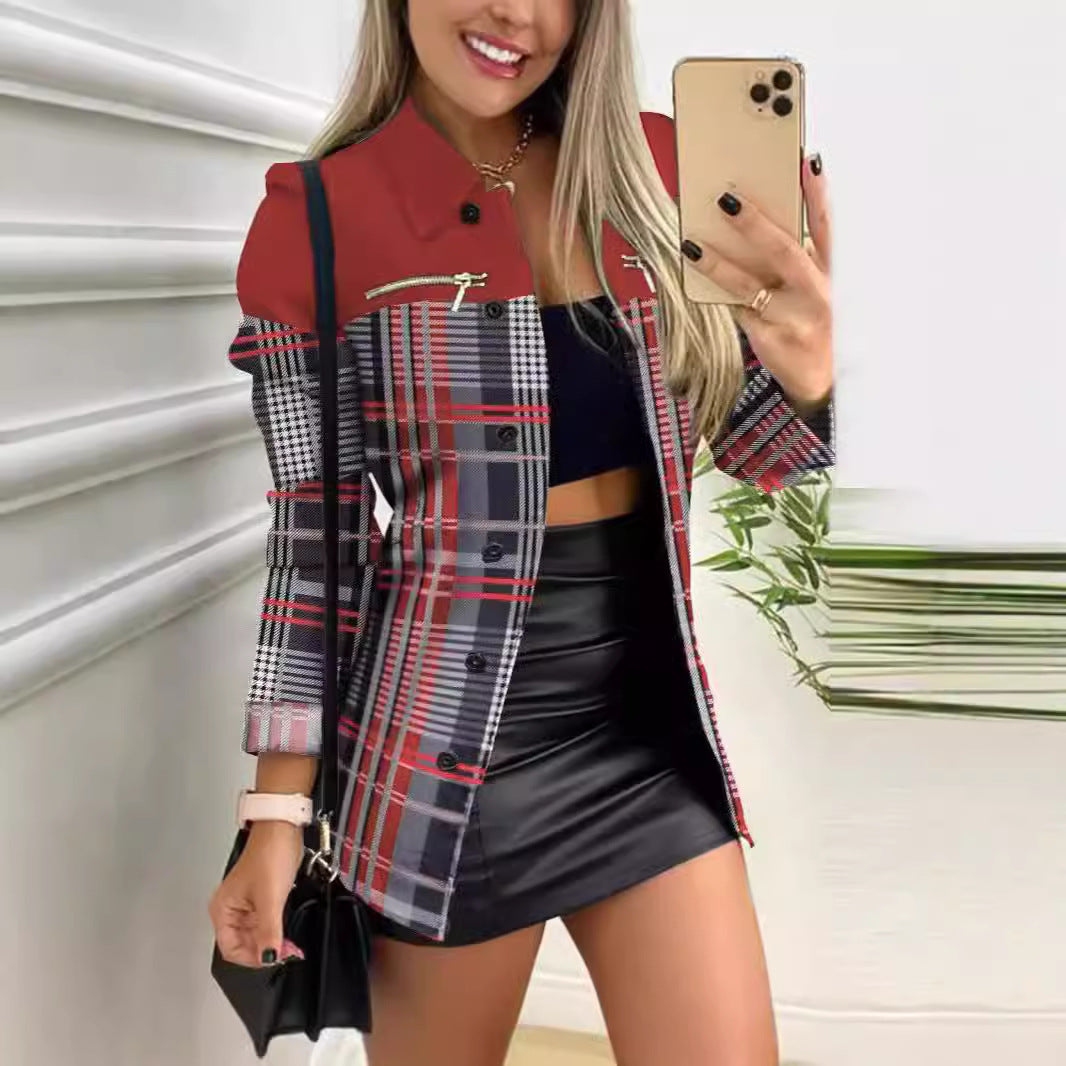 Damen nan gemusterter Blazer mit geometrischem Print, Reißverschlusstasche und durchgehender Knopfleiste Echo Archiv