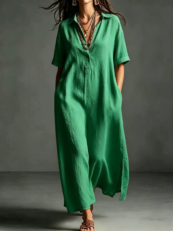 Damen Leinen Maxikleid mit V-Ausschnitt und praktischen Taschen Echo Archiv