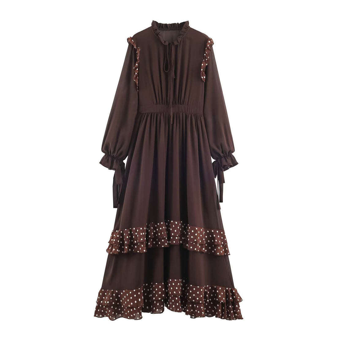 Damen verspieltes Midi-Tiered-Kleid mit Rüschenkragen, Bindeband und Volantstufen Echoarchiv