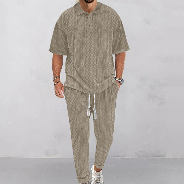 Herren nan Jacquard-Loungewear-Set mit Polokragen Kordelzugbund und konisch geschnittener Jogginghose Echo Archiv