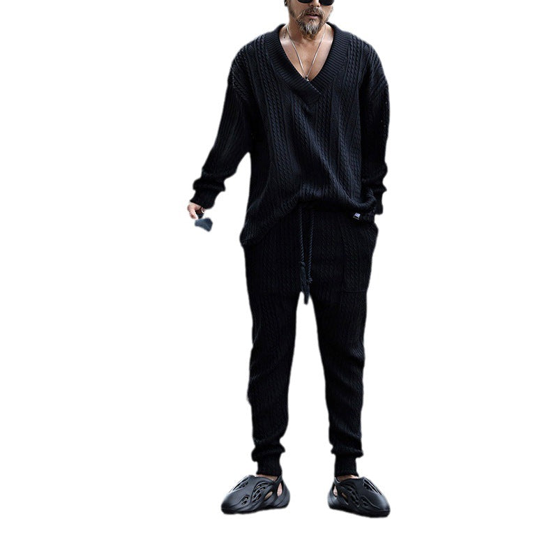 Herren Strukturiertes Strick-Loungewear-Set mit V-Ausschnitt und Tunnelzug-Jogginghose – Norvane