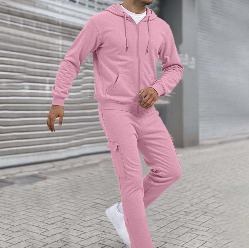 Herren athletischer Zip-Sweatset mit Cargo-Jogginghose, ergonomischen Nähten und gerippten Bündchen – Cavarno