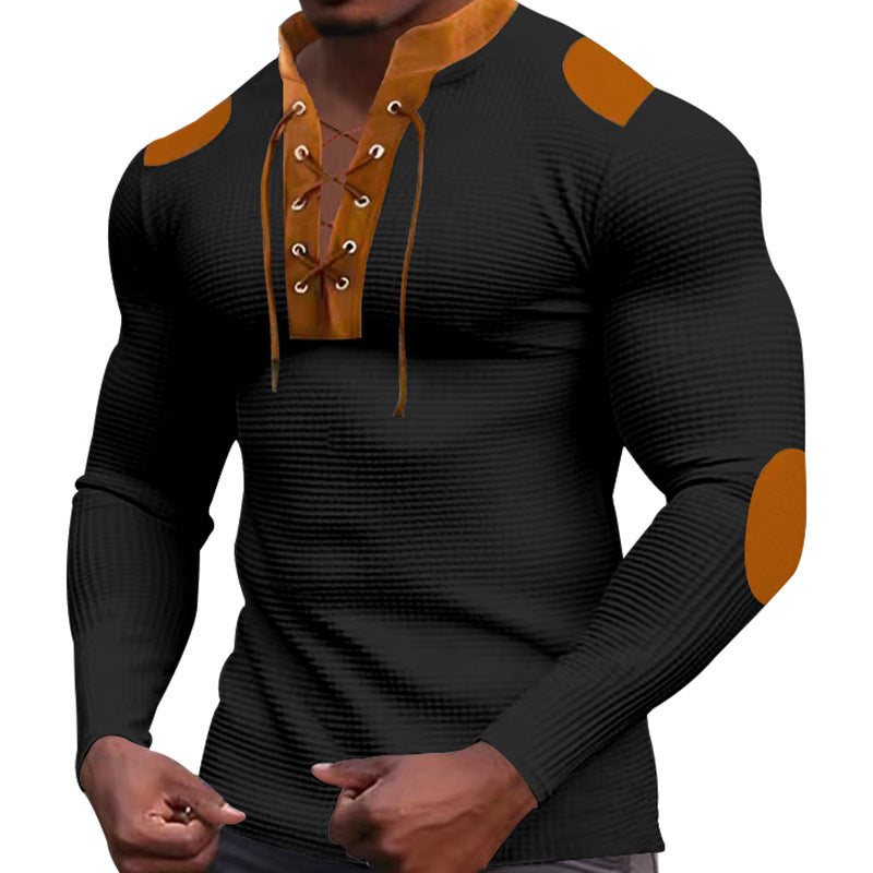 Herren Langarm-Henley-Shirt mit strukturiertem Gewebe und modischem Schnürdesign Echoarchiv