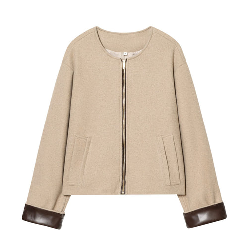 Damen kurzes Wollmix-Blouson mit Rundhalsausschnitt goldfarbenem Reißverschluss und Lederbesatz an Manschetten – Célinea