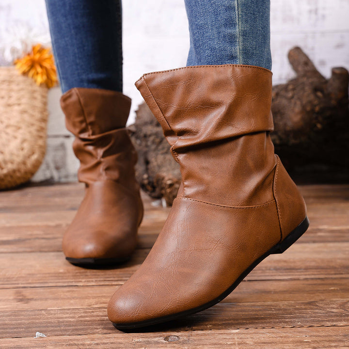 Damen weiche Slouch-Stiefel mit flacher Laufsohle und gerafftem Schaft – Lioré