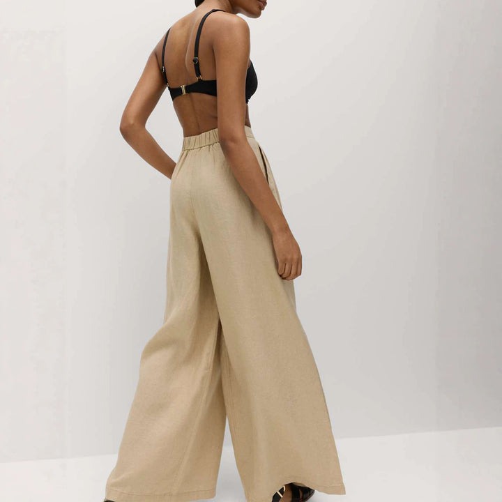 Damen Weite High‑Waist Leinenoptik Palazzo‑Hose mit Bundfalten und Eingrifftaschen – Avérine