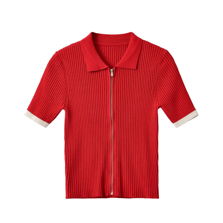 Damen Gerippte kurzärmelige Strickjacke mit durchgehendem Reißverschluss und Polokragen Echo Archiv