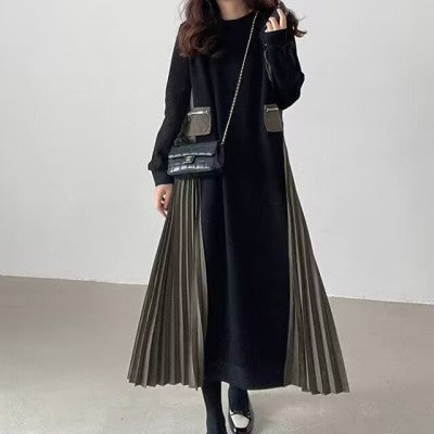 Damen Langes Oversize-Sweatkleid mit Rundhalsausschnitt, plissierten Seiteneinsätzen und Eingrifftaschen – Valéora