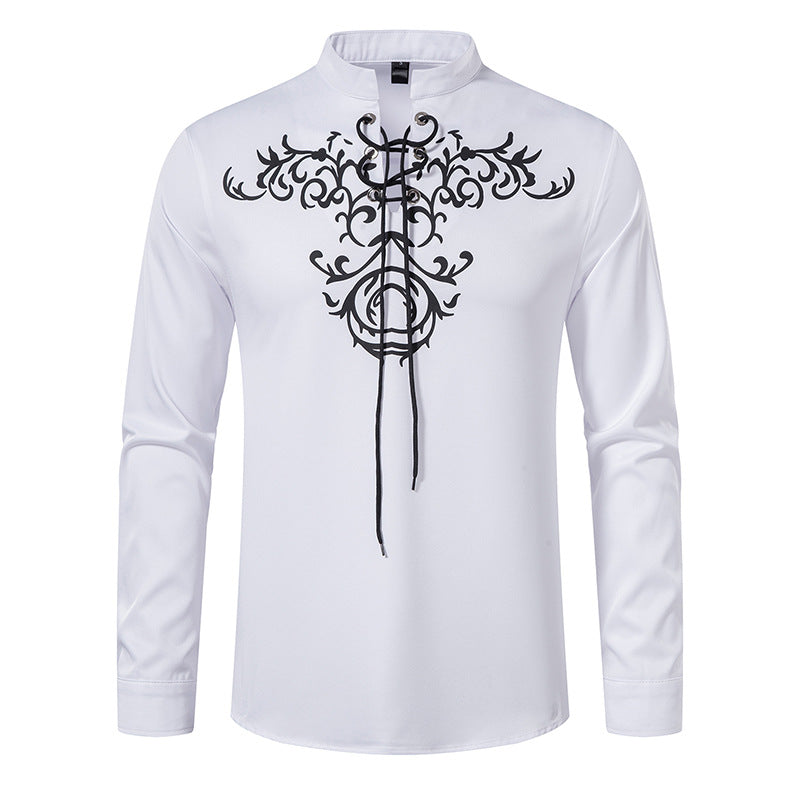 Herren Langarmshirt im asiatischen Stil mit kunstvollem Schnürungsdesign und modernen Akzenten Echoarchiv