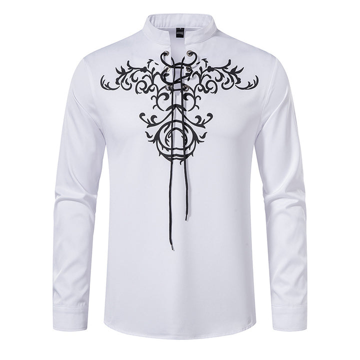 Herren Langarmshirt im asiatischen Stil mit kunstvollem Schnürungsdesign und modernen Akzenten Echoarchiv