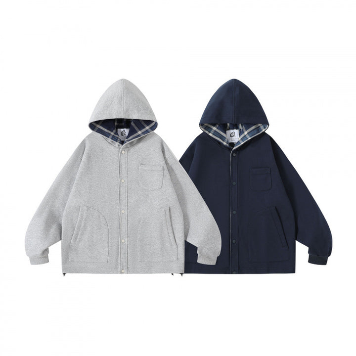 Unisex Oversize-Kapuzen-Überjacke mit kariert gefütterter Kapuze und Druckknopfleiste Echo Archiv