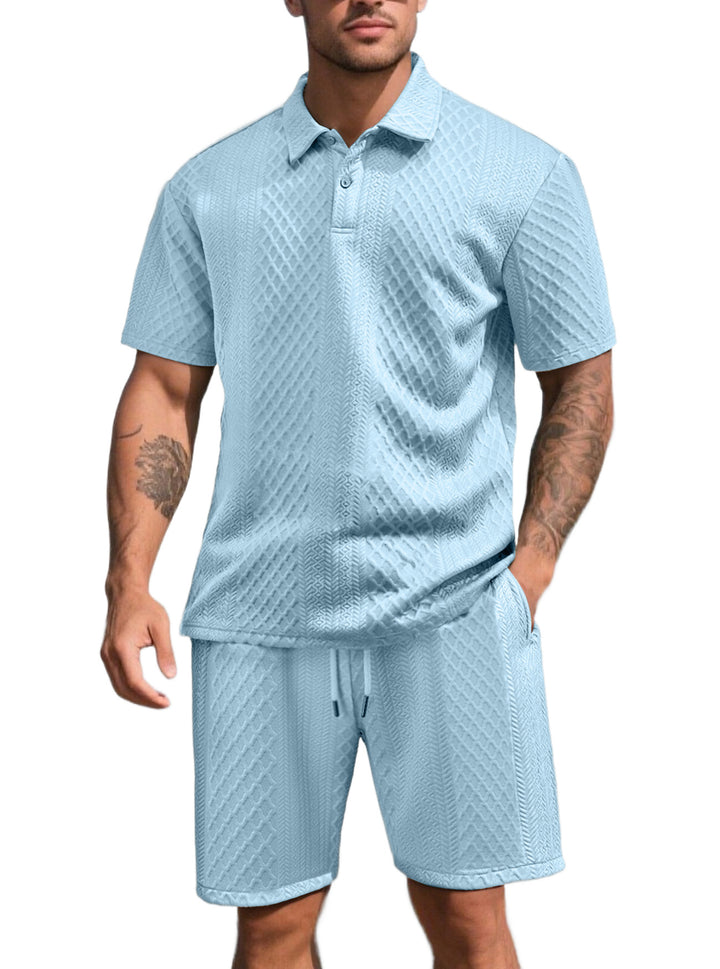 Herren nan dreidimensionales Relief-Freizeit-Set mit Polokragen, verdeckter Knopfleiste und elastischer Tunnelzugshorts Echo Archiv