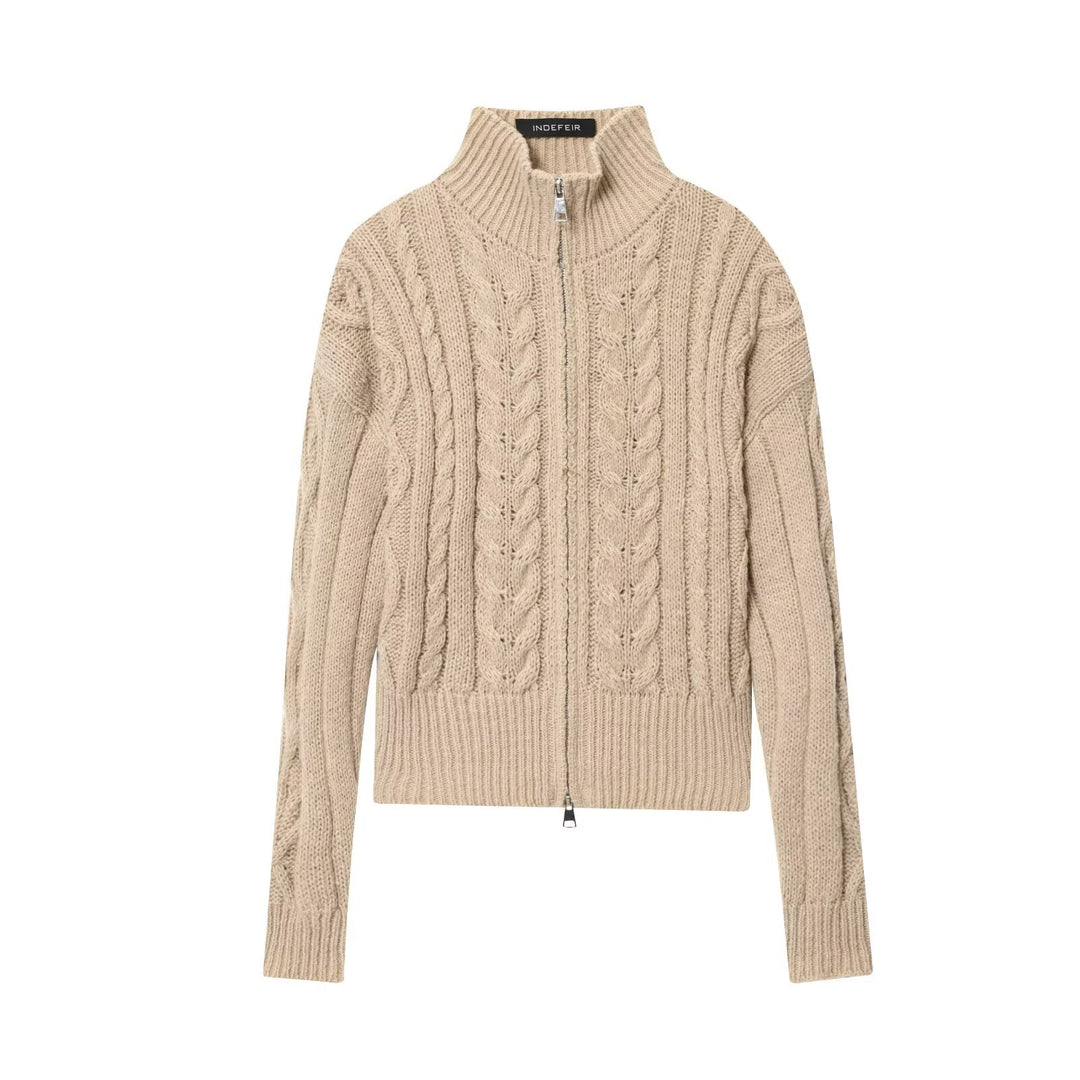 Damen Grobgestrickte Zopfstrick-Cardigan mit Stehkragen und Reißverschluss Echoarchiv