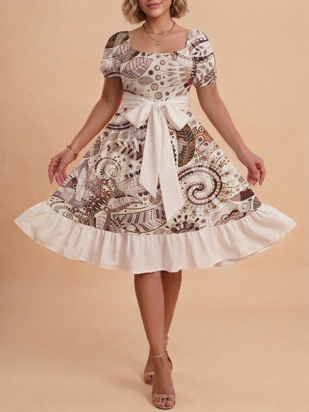 Damen modernes Blumenkleid mit elegantem Taillengürtel und asymmetrischem Saum Echo Archiv