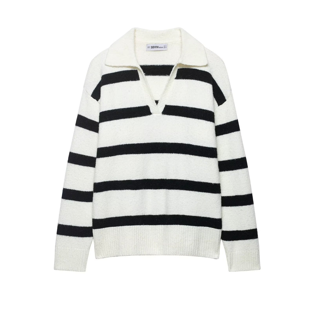 Damen Gestreifter Oversize-Pullover mit Polokragen und tiefem V-Ausschnitt Echoarchiv