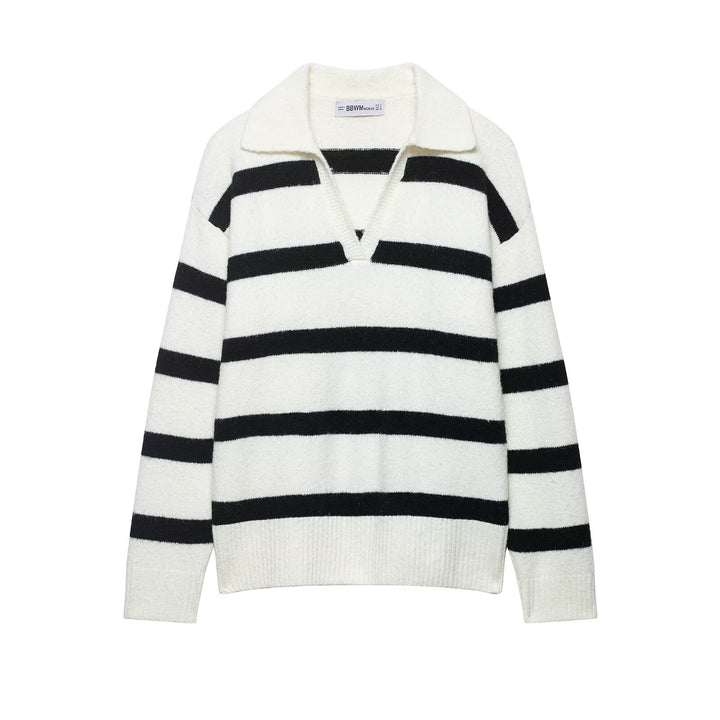 Damen Gestreifter Oversize-Pullover mit Polokragen und tiefem V-Ausschnitt Echoarchiv