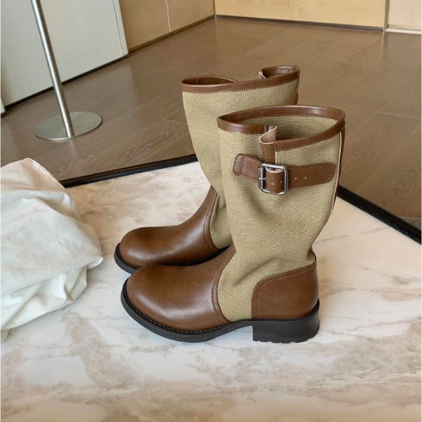 Damen Leder-Leinen Mid-Calf Stiefel mit Schnallenriemen Echo Archiv
